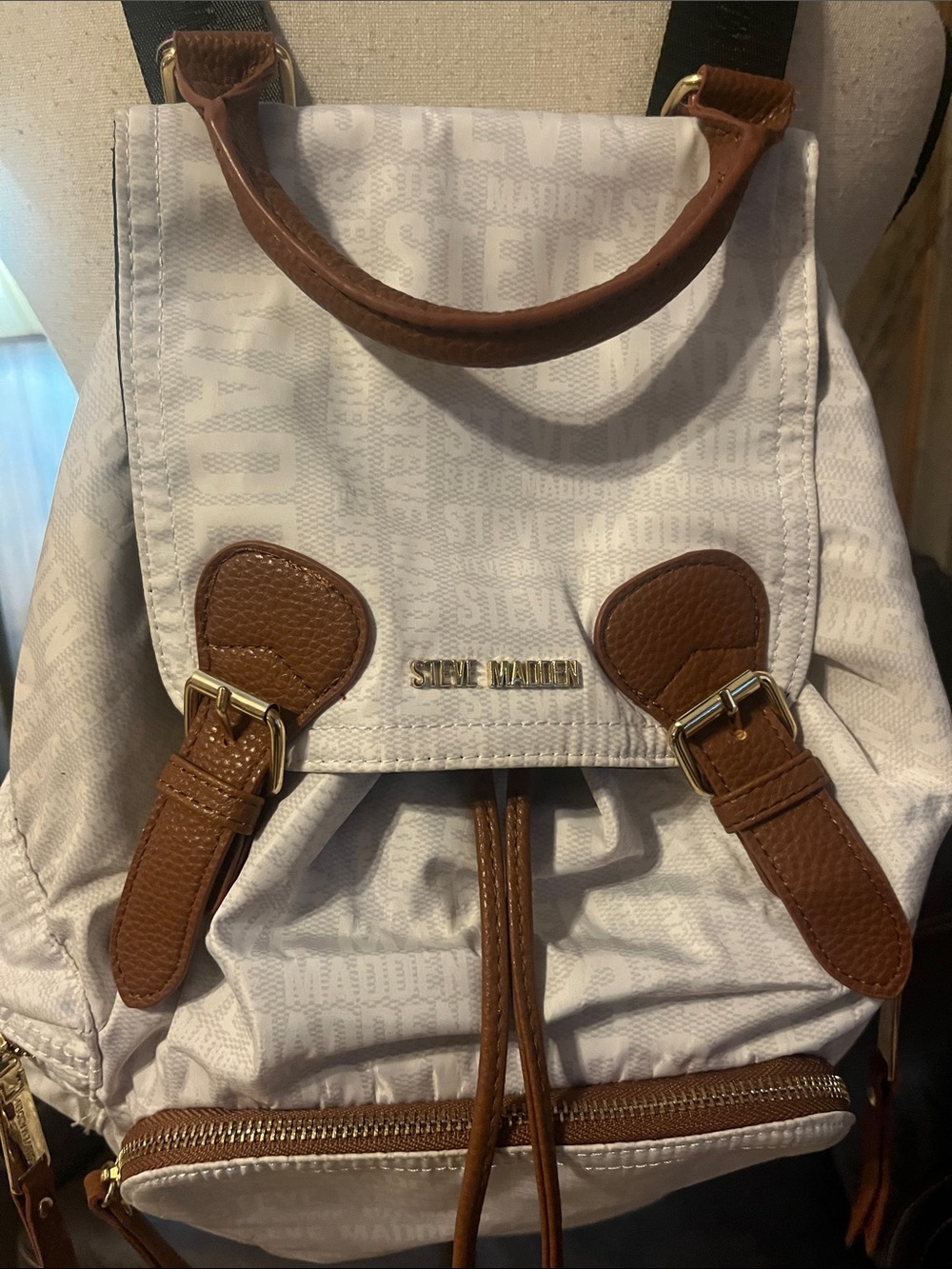 Steve Madden Solly White Canvas Backpack/Purse Brown Faux Vegan Leather Trim - Picture 3 of 8